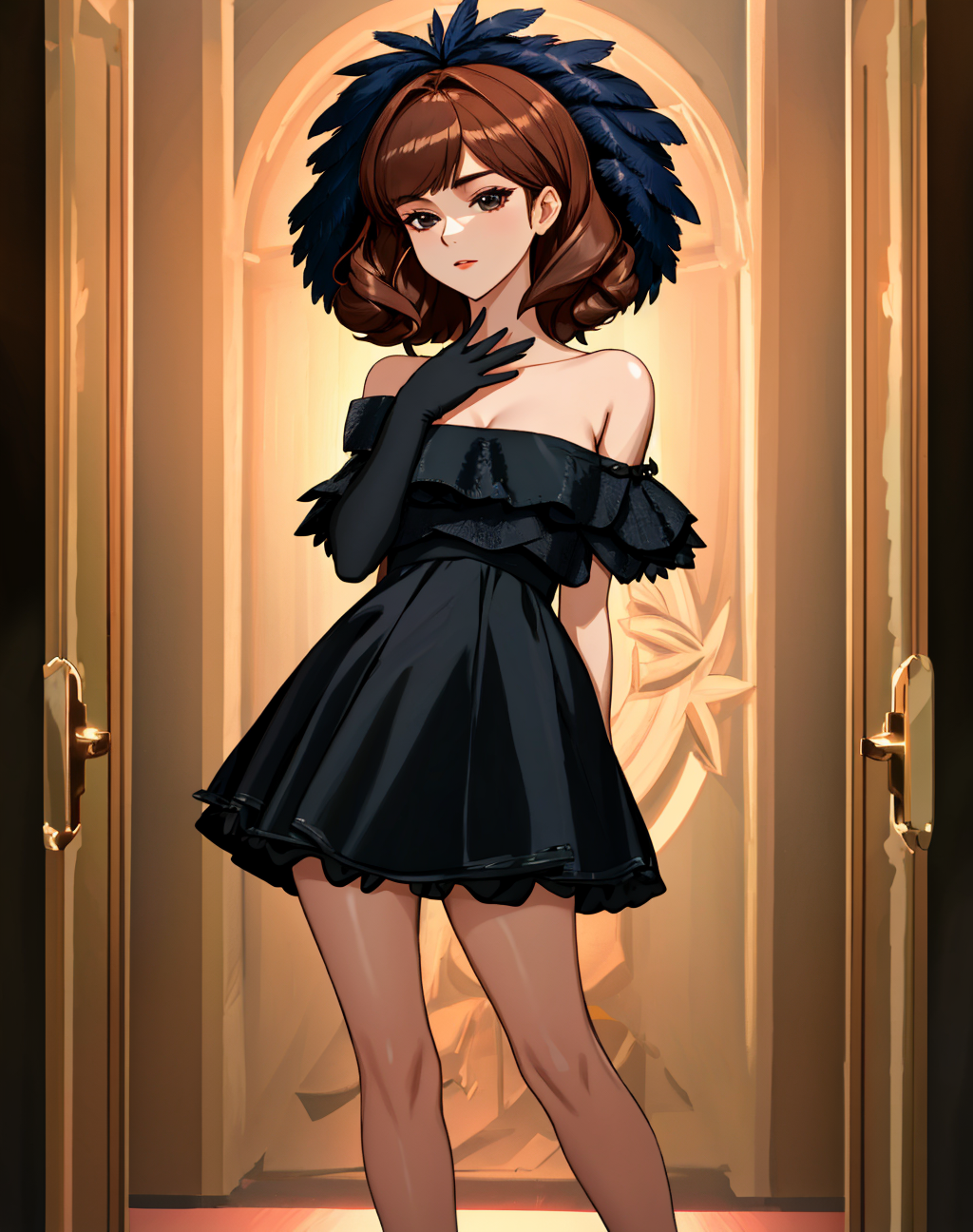 04104-277971760-4K, Masterpiece, highres, absurdres,_edgNoire, a woman in a black dress with a feathered top ,wearing edgNoire_.png